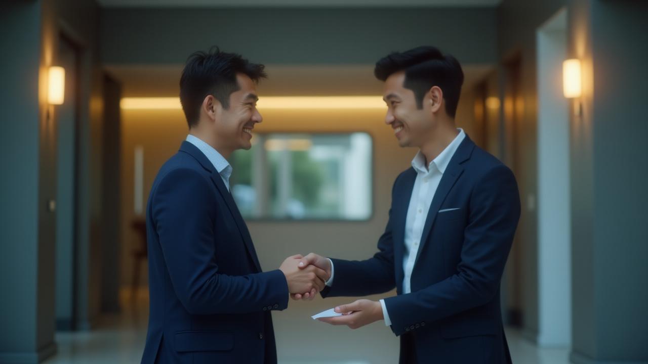 새로운 경력으로 전환하는 직장인들이 서로 축하하며 악수하는 모습